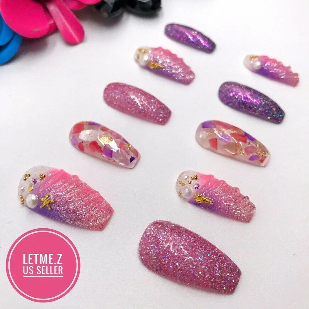 Press‎ on Nails Glue On Long Coffin 3D Mermaid Pink
